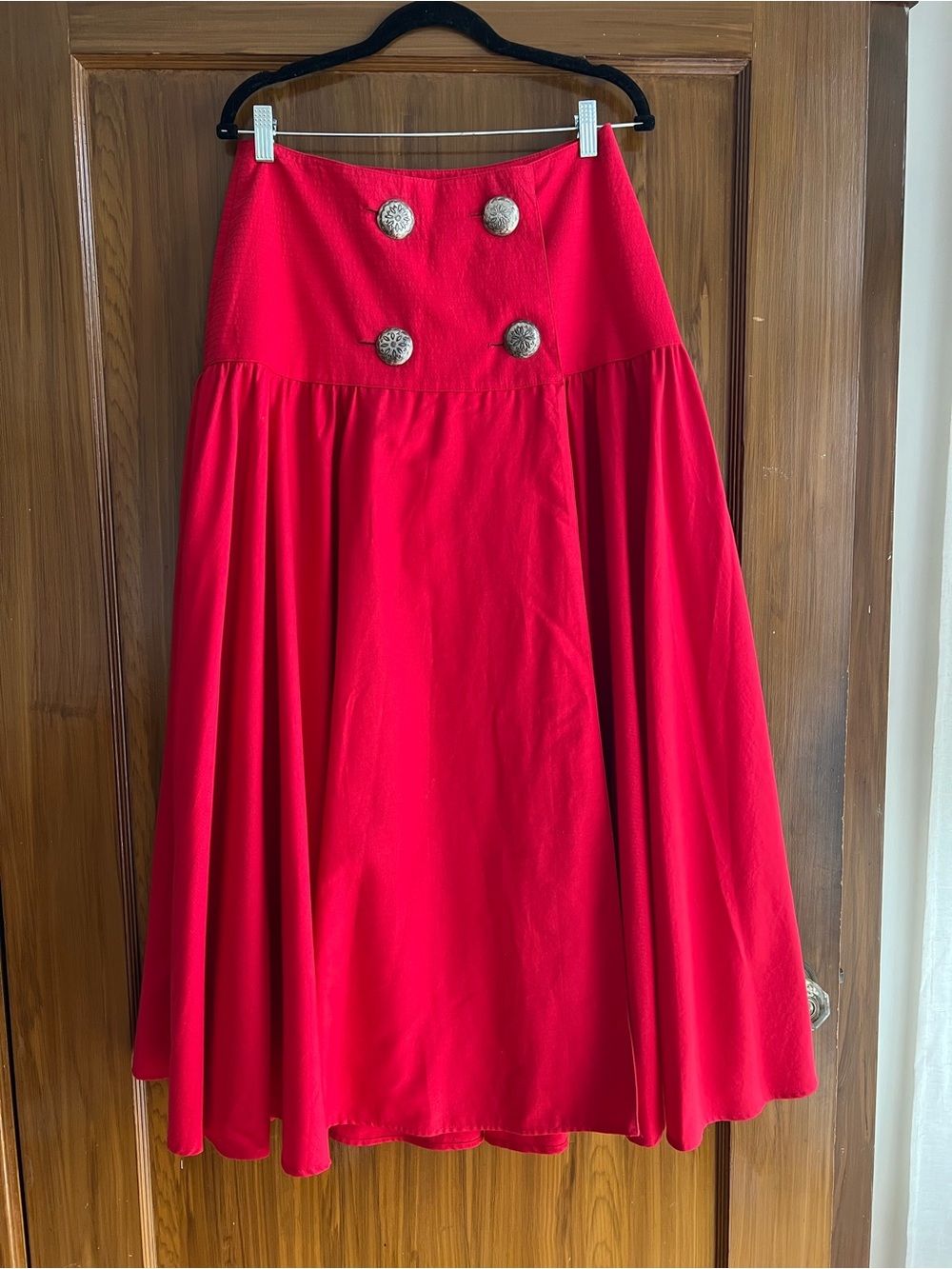 Vintage Bright Red Full Midi Skirt with Decorative Buttons